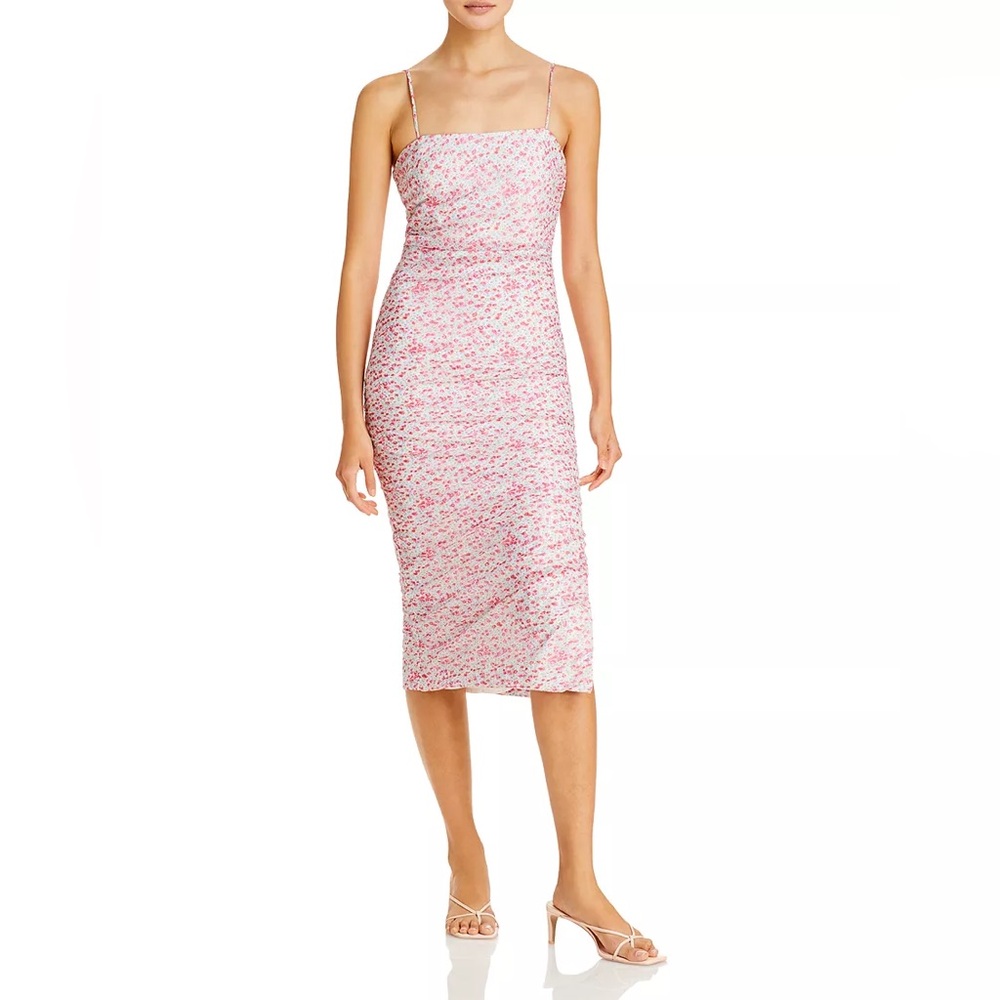 BARDOT Pink Floral Ruched Midi Dress Size 10